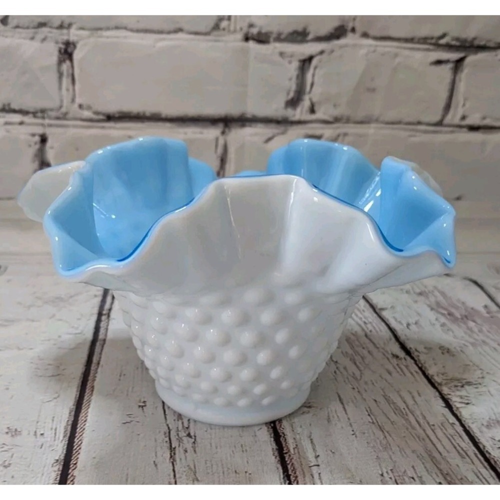Vintage Fenton Kanawha Glass White Hobnail & Blue Cased Glass Ruffled Edge
